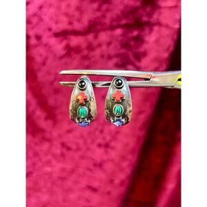 Vintage Jewelry Half Hoop Earrings Sterling Silver Inlaid Stones Signed SE